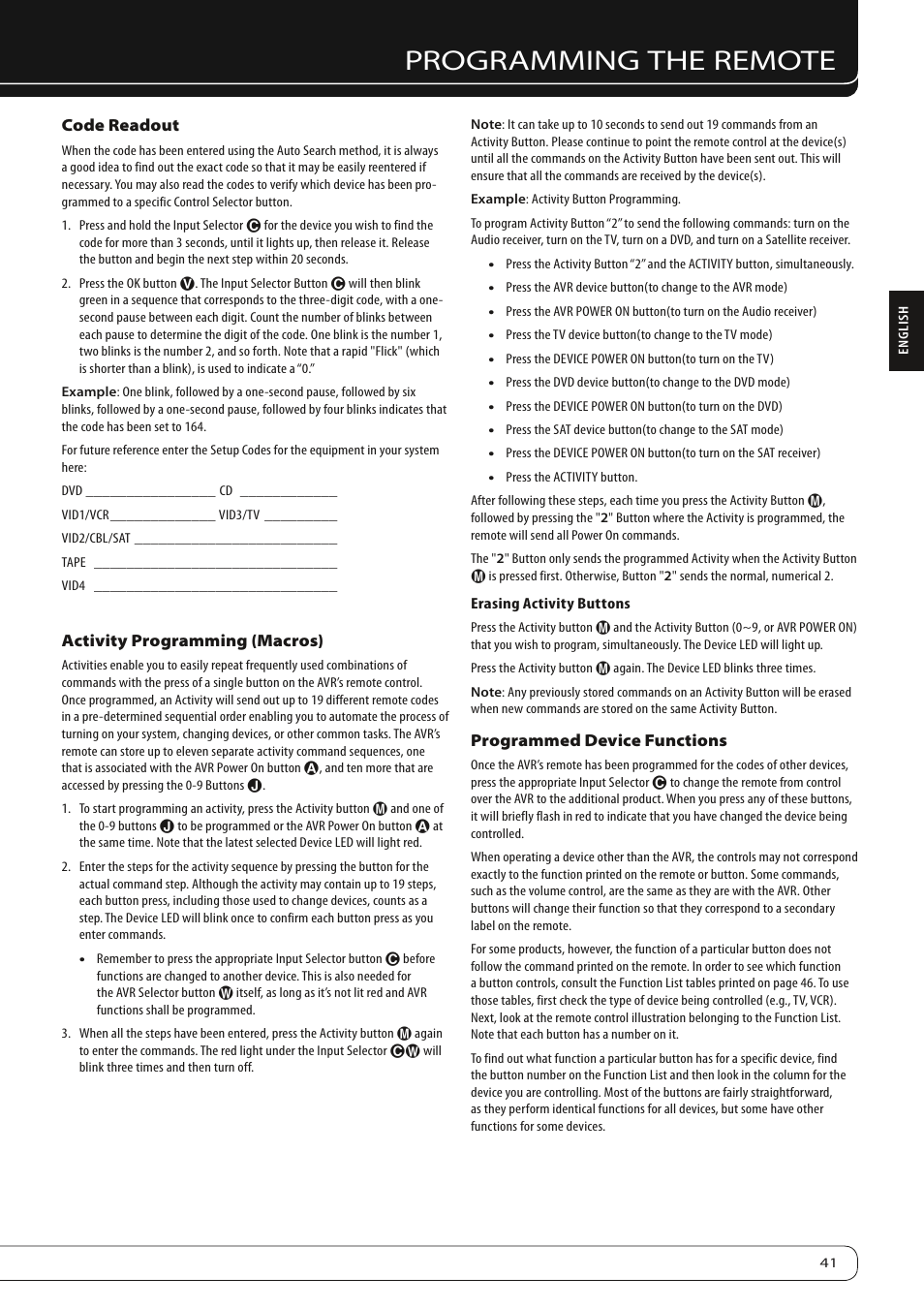 Programming the remote | Harman-Kardon AVR 260 User Manual | Page 41 / 54