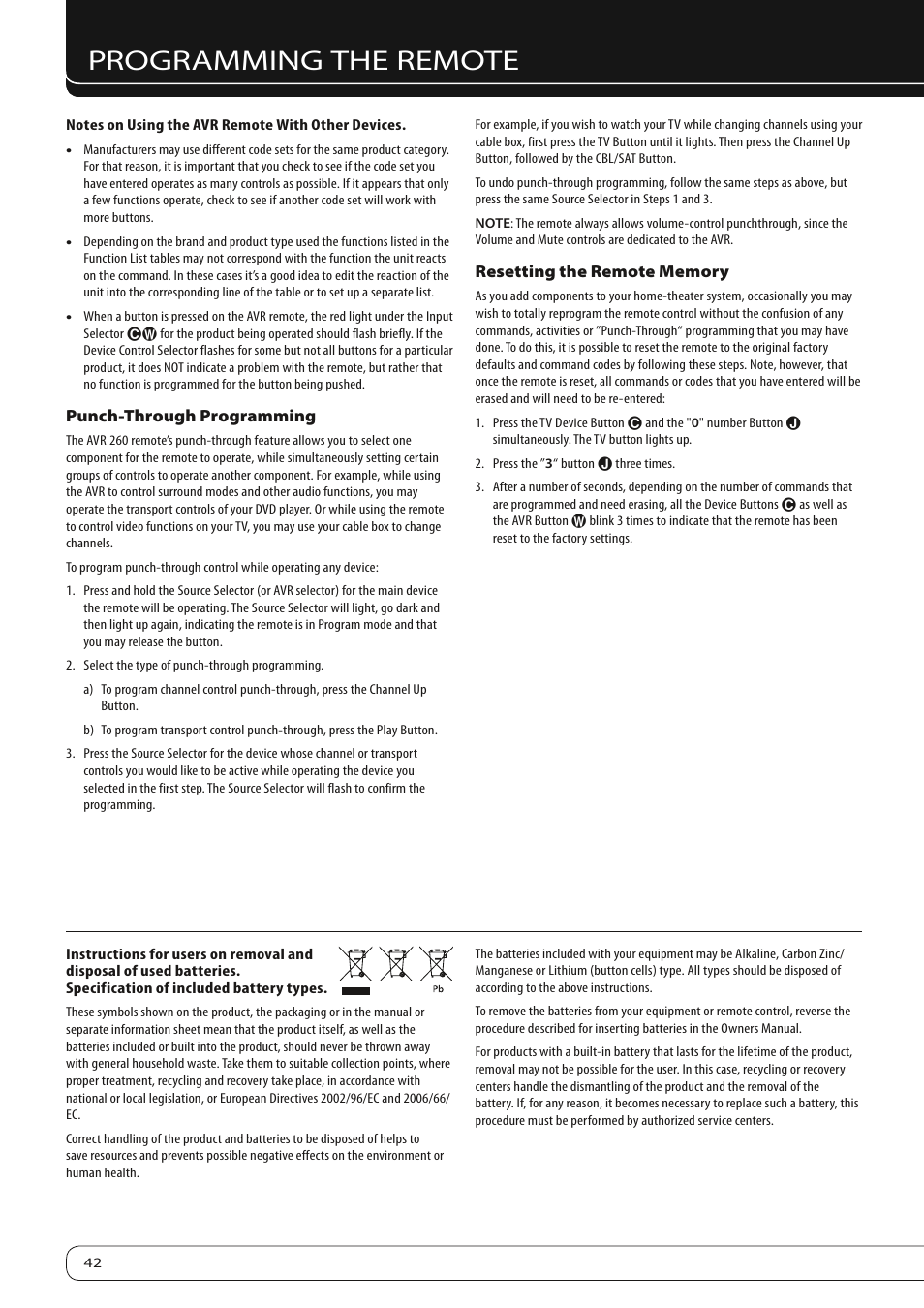 Programming the remote | Harman-Kardon AVR 260 User Manual | Page 42 / 54
