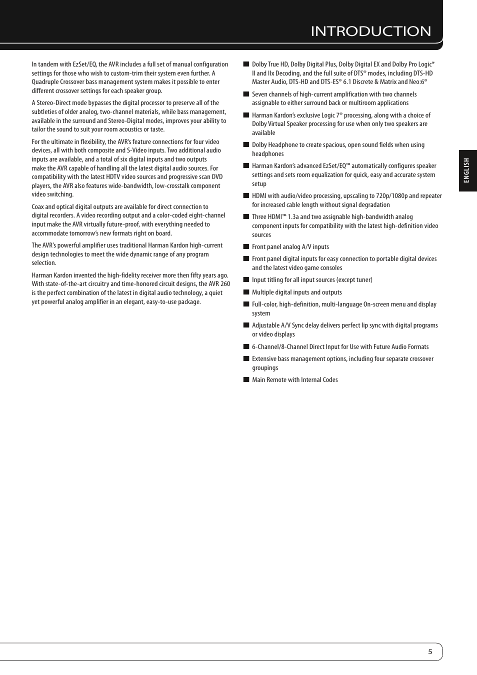 Introduction | Harman-Kardon AVR 260 User Manual | Page 5 / 54