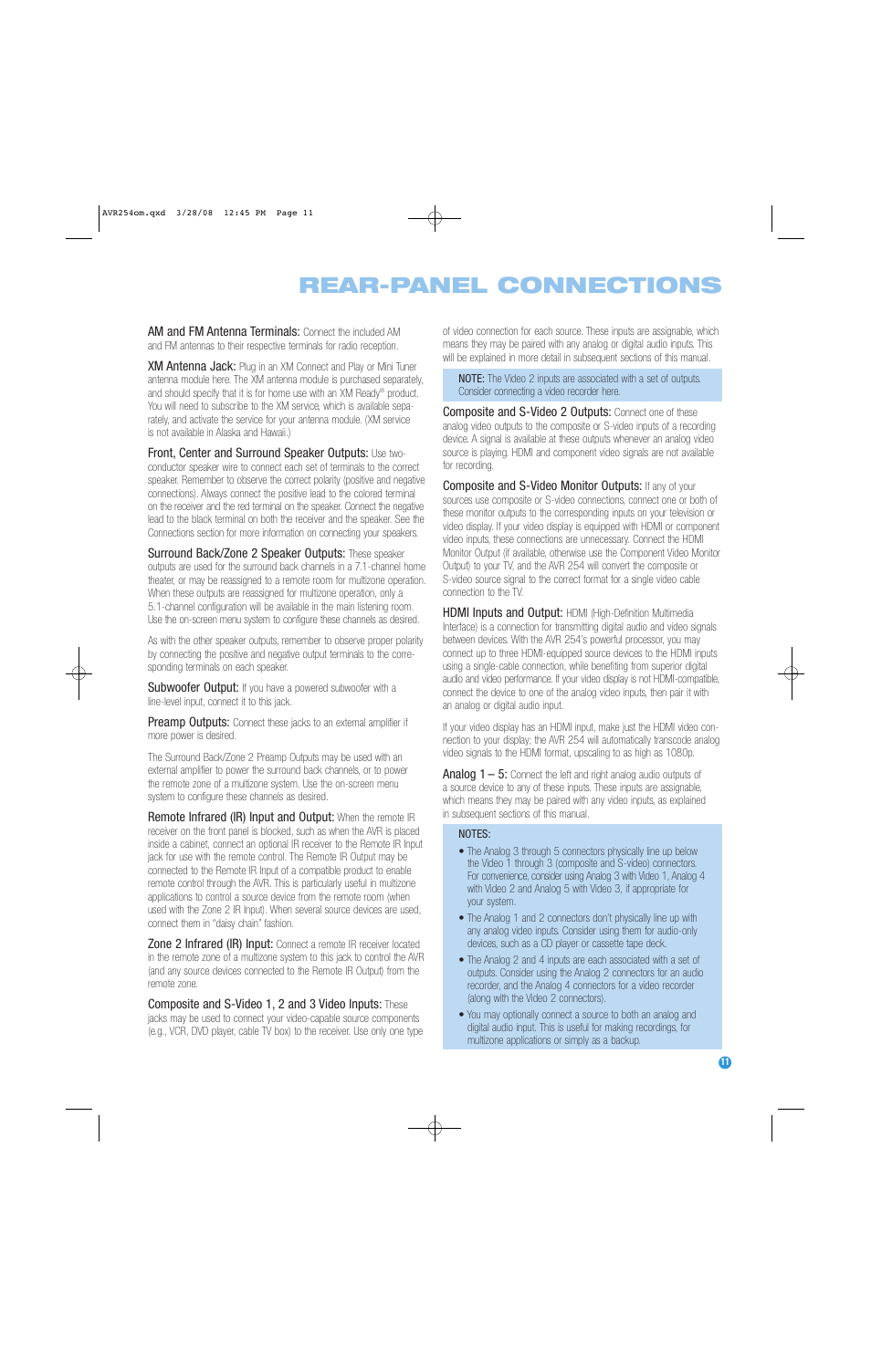 Rear-panel connections | Harman-Kardon AVR 254 User Manual | Page 11 / 76