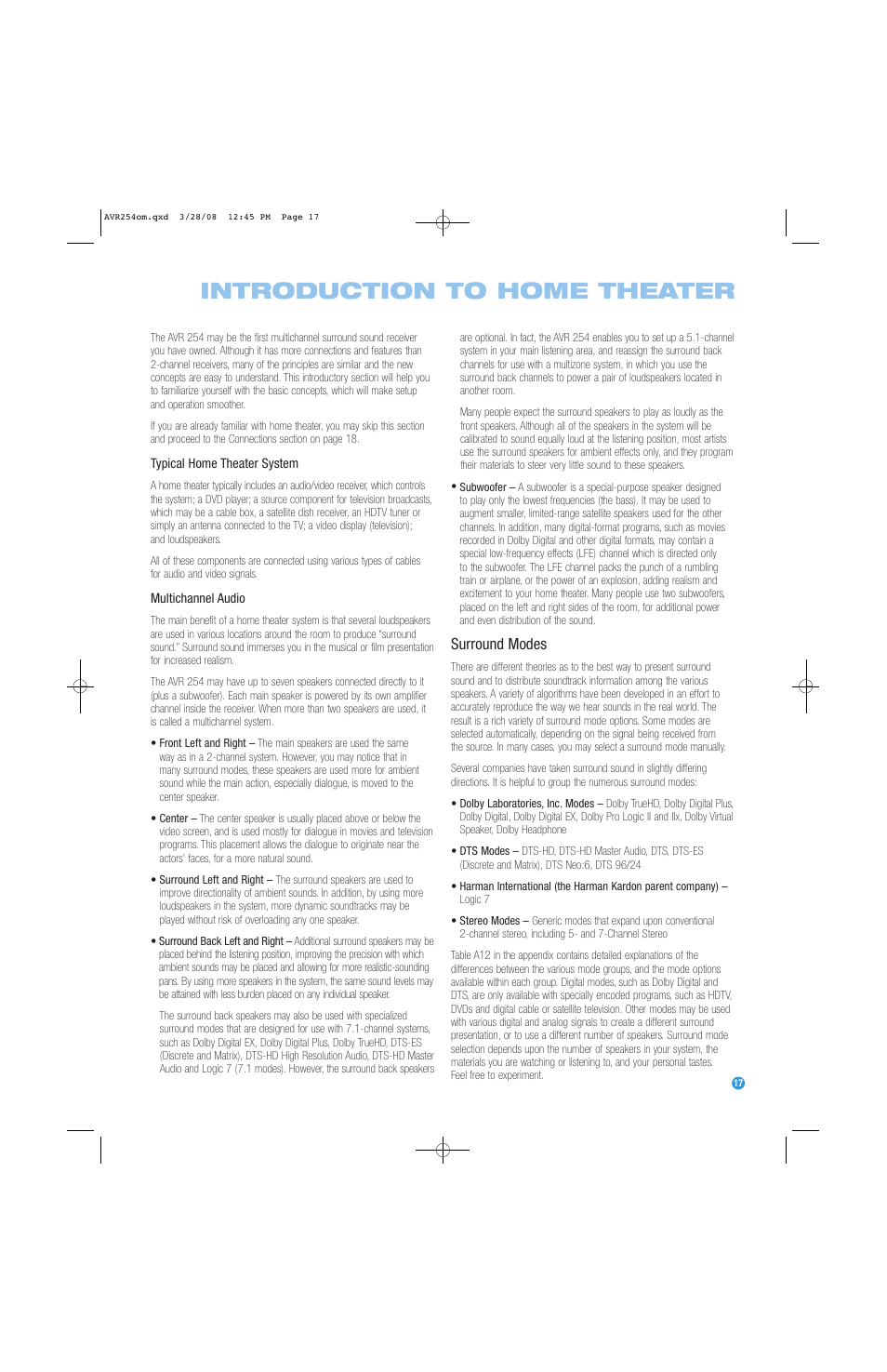 Introduction to home theater, Surround modes | Harman-Kardon AVR 254 User Manual | Page 17 / 76