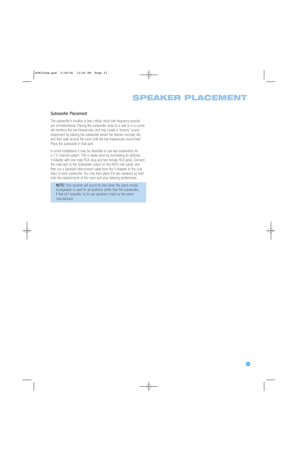 Speaker placement | Harman-Kardon AVR 254 User Manual | Page 23 / 76