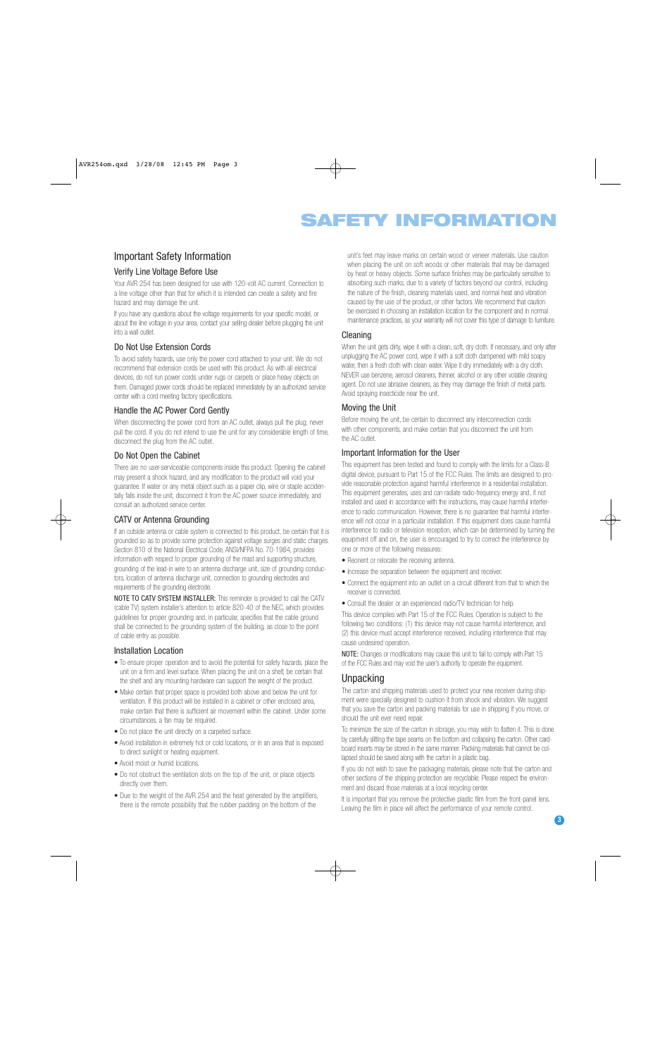 Safety information, Important safety information, Unpacking | Harman-Kardon AVR 254 User Manual | Page 3 / 76