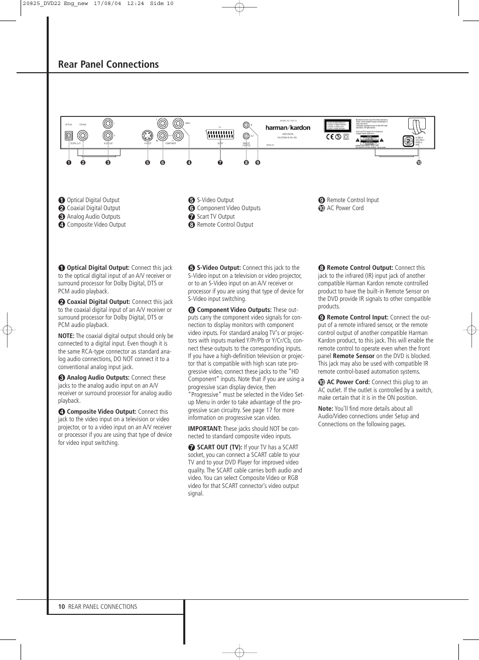 Rear panel connections | Harman-Kardon DVD 22 User Manual | Page 10 / 24