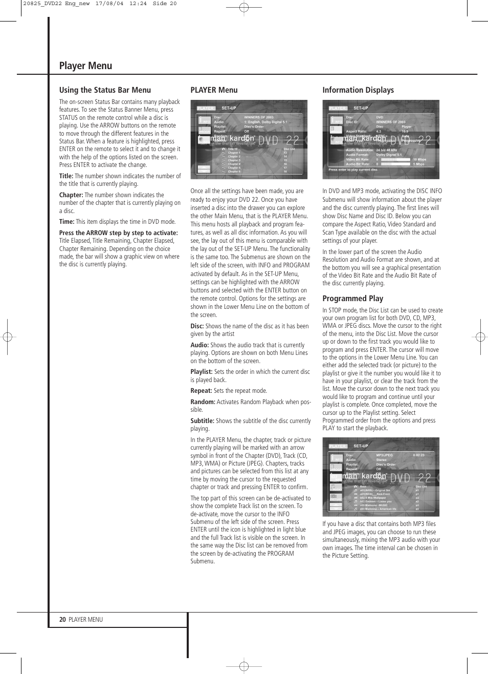 Player menu | Harman-Kardon DVD 22 User Manual | Page 20 / 24