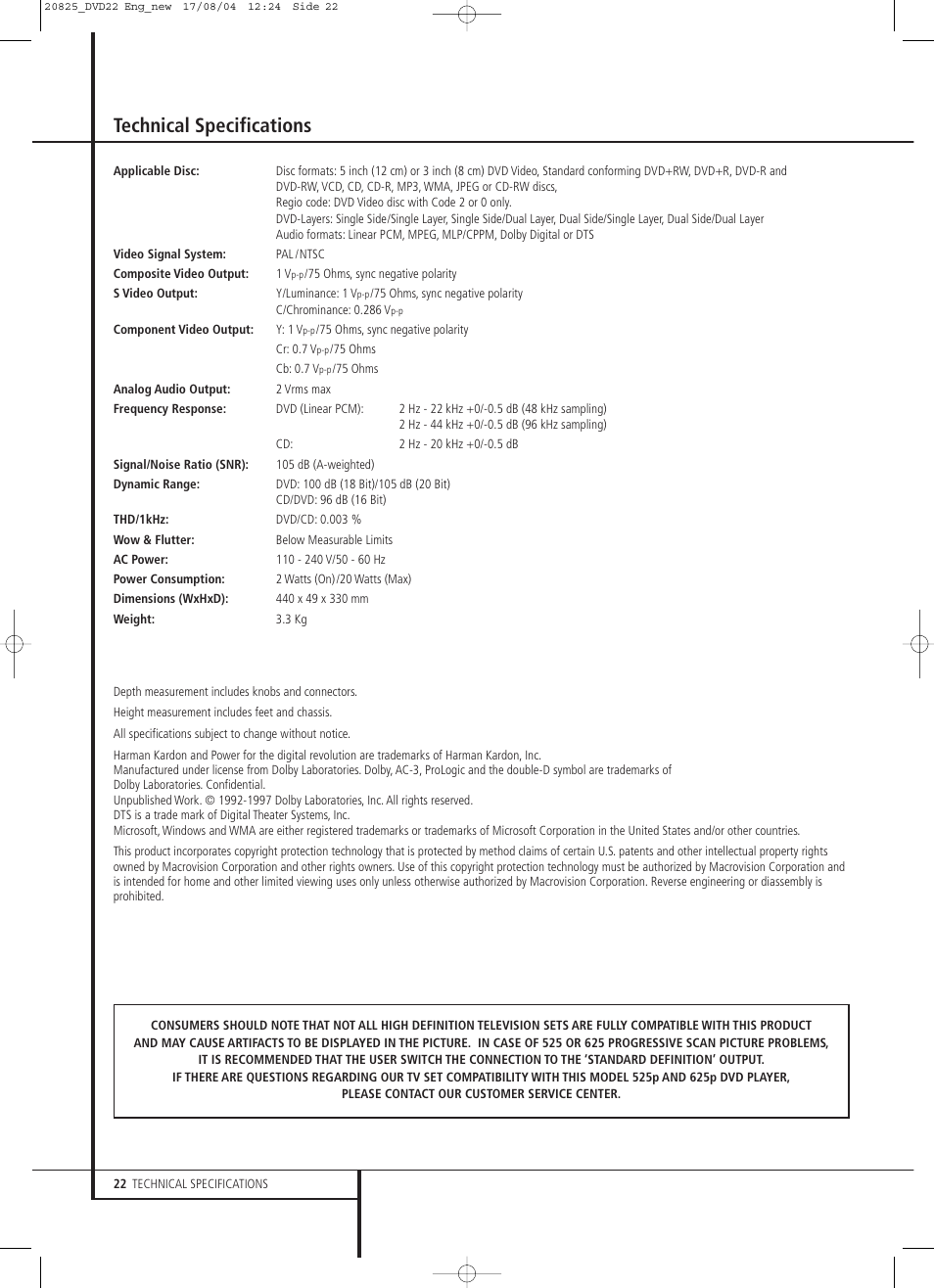 Technical specifications | Harman-Kardon DVD 22 User Manual | Page 22 / 24