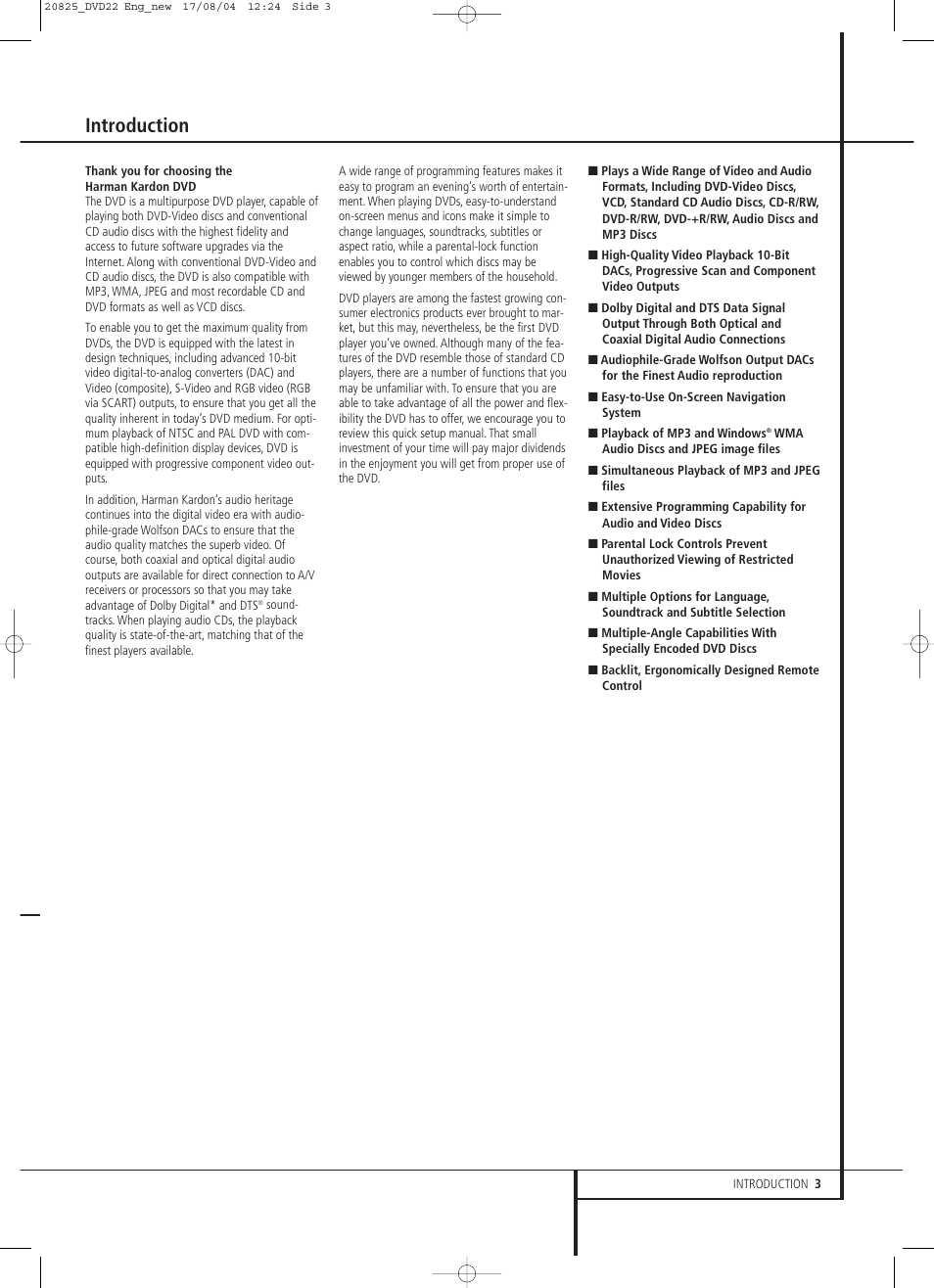 Introduction | Harman-Kardon DVD 22 User Manual | Page 3 / 24