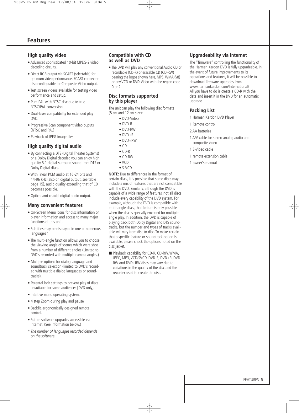 Features | Harman-Kardon DVD 22 User Manual | Page 5 / 24