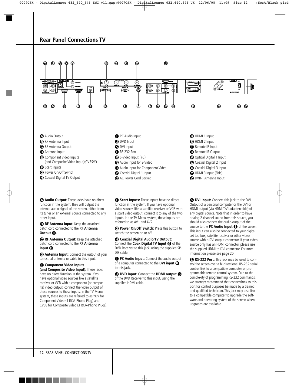 Rear panel connections tv | Harman-Kardon DIGITAL LOUNGE 640 User Manual | Page 12 / 54