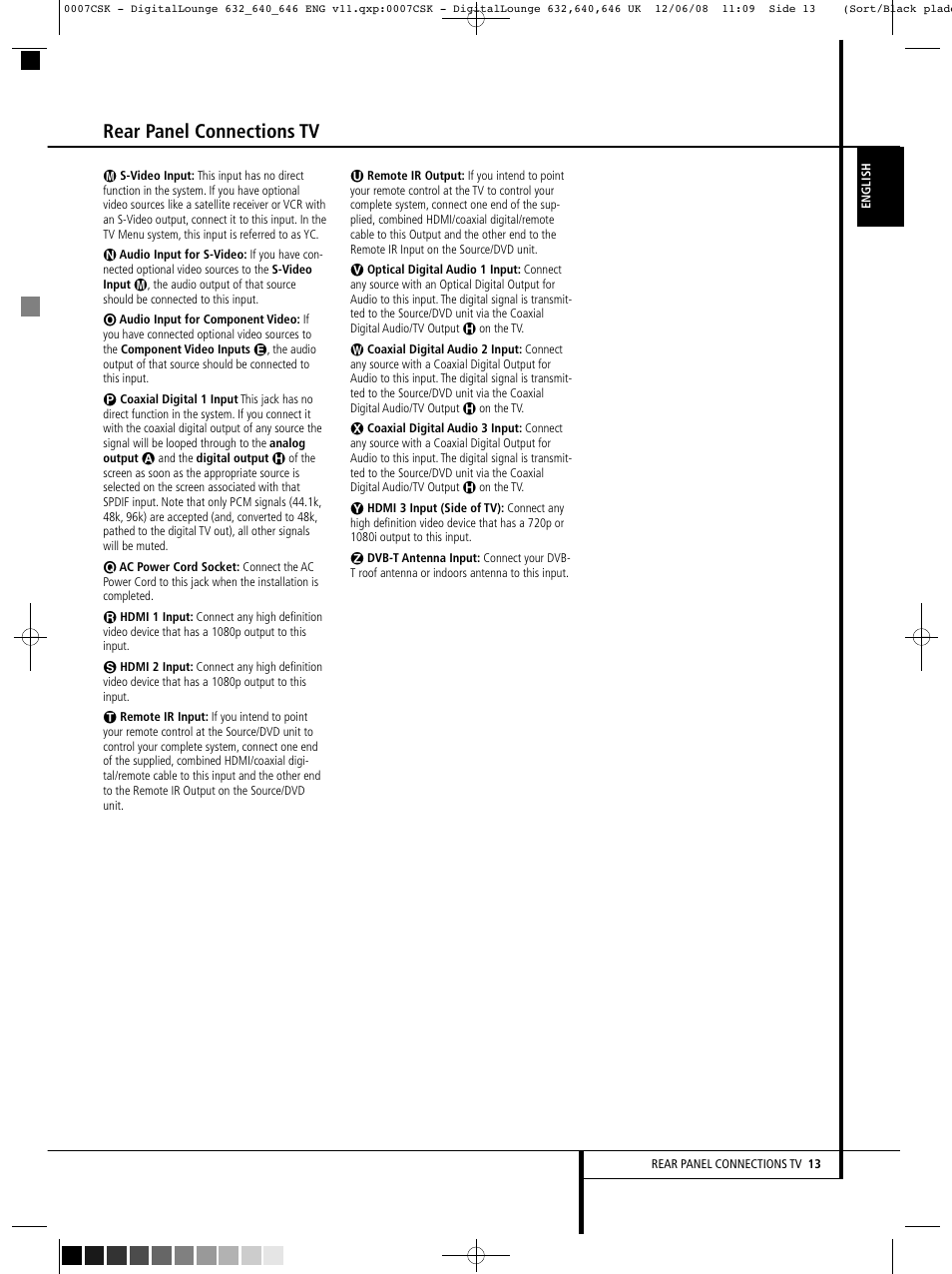 Rear panel connections tv | Harman-Kardon DIGITAL LOUNGE 640 User Manual | Page 13 / 54