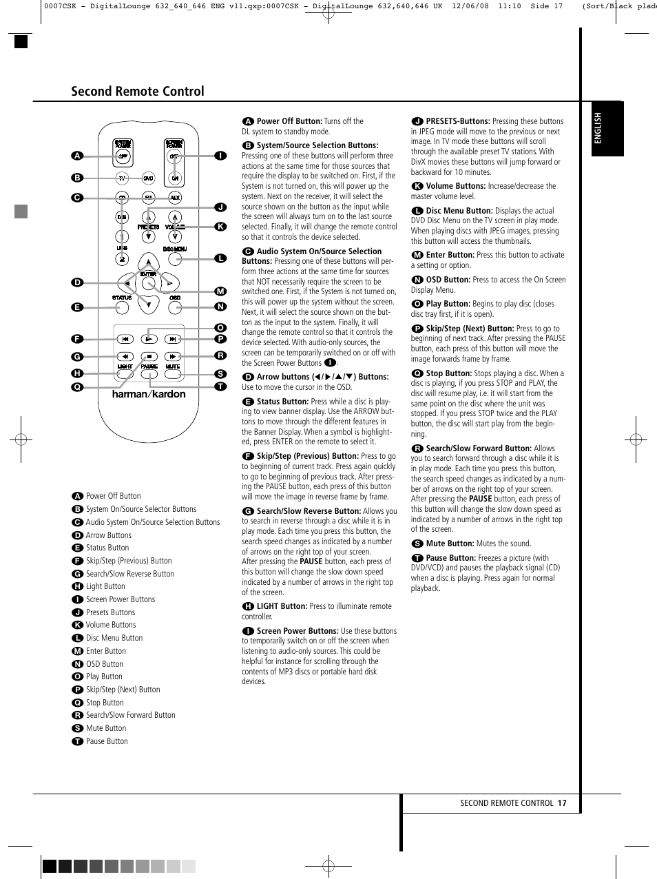 Second remote control | Harman-Kardon DIGITAL LOUNGE 640 User Manual | Page 17 / 54