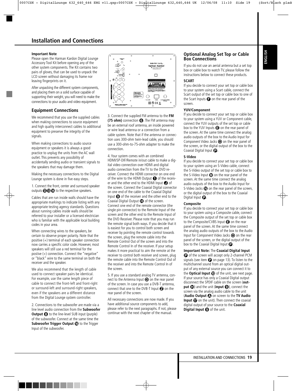 Installation and connections, Equipment connections, Optional analog set top or cable box connections | Harman-Kardon DIGITAL LOUNGE 640 User Manual | Page 19 / 54