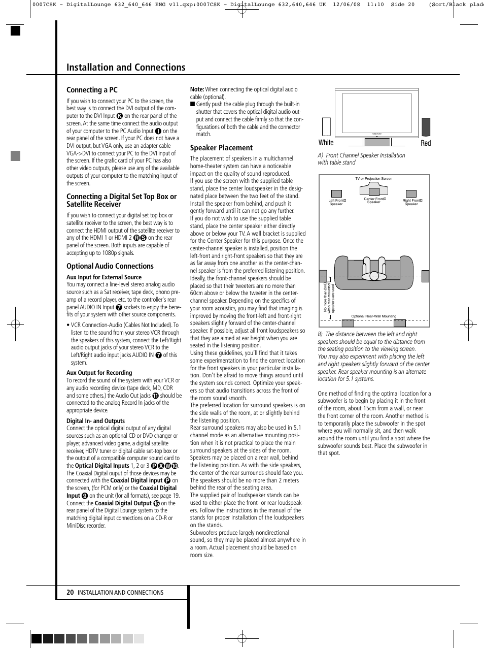 Installation and connections, Connecting a pc, Optional audio connections | Speaker placement, White red | Harman-Kardon DIGITAL LOUNGE 640 User Manual | Page 20 / 54