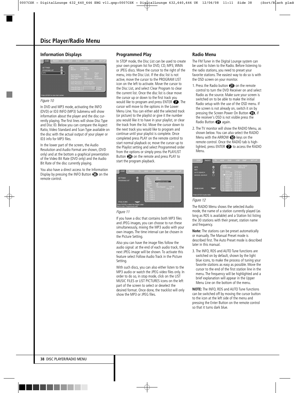 Disc player/radio menu | Harman-Kardon DIGITAL LOUNGE 640 User Manual | Page 38 / 54