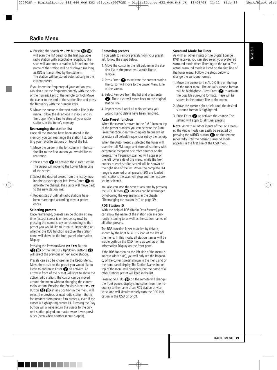 Radio menu | Harman-Kardon DIGITAL LOUNGE 640 User Manual | Page 39 / 54