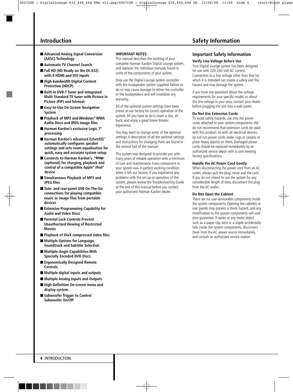 Introduction, Safety information | Harman-Kardon DIGITAL LOUNGE 640 User Manual | Page 4 / 54