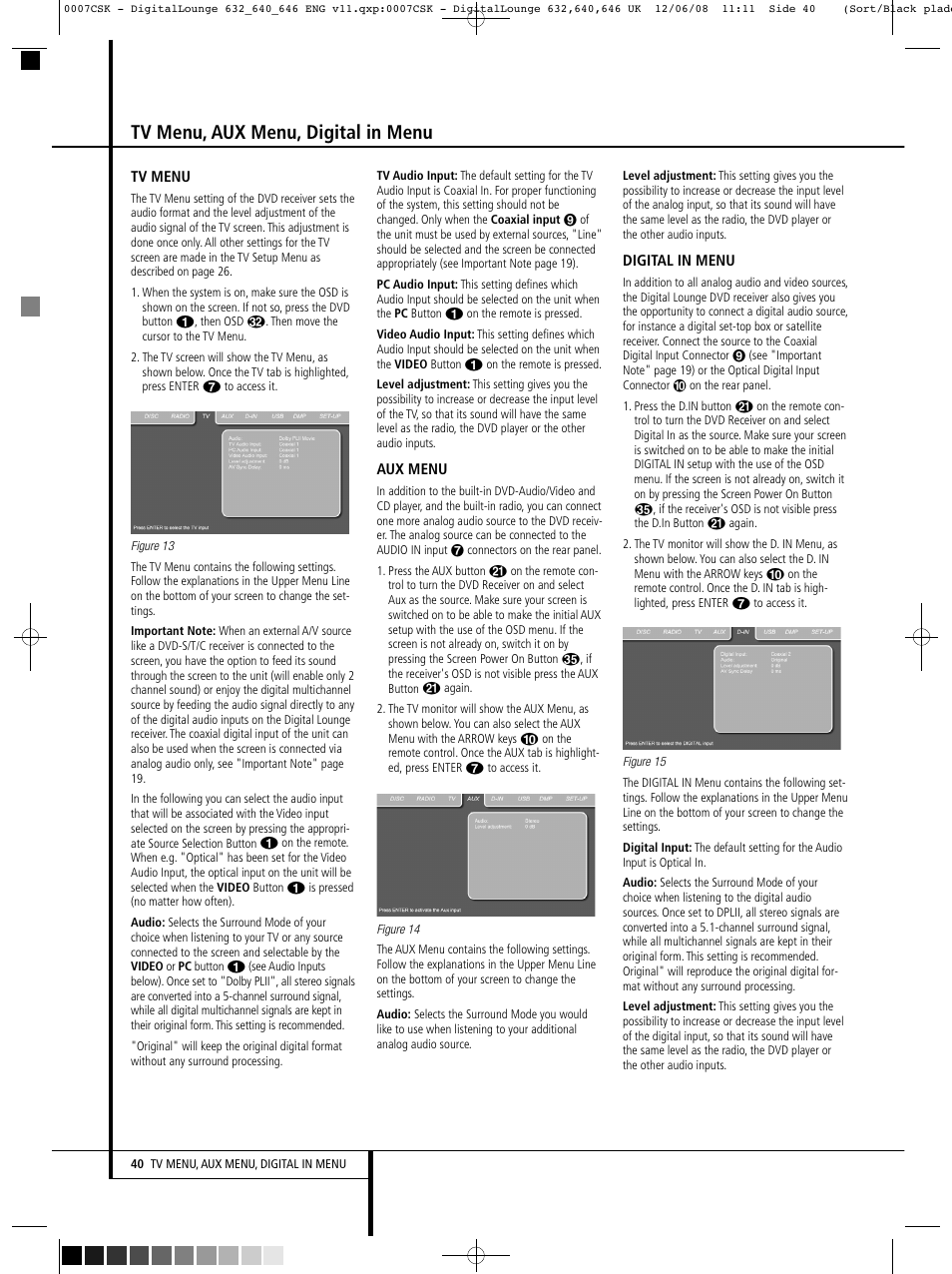 Tv menu, aux menu, digital in menu | Harman-Kardon DIGITAL LOUNGE 640 User Manual | Page 40 / 54