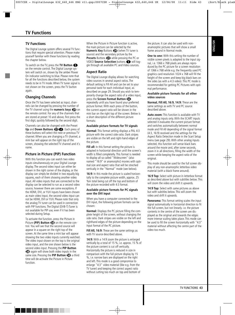 Tv functions | Harman-Kardon DIGITAL LOUNGE 640 User Manual | Page 43 / 54