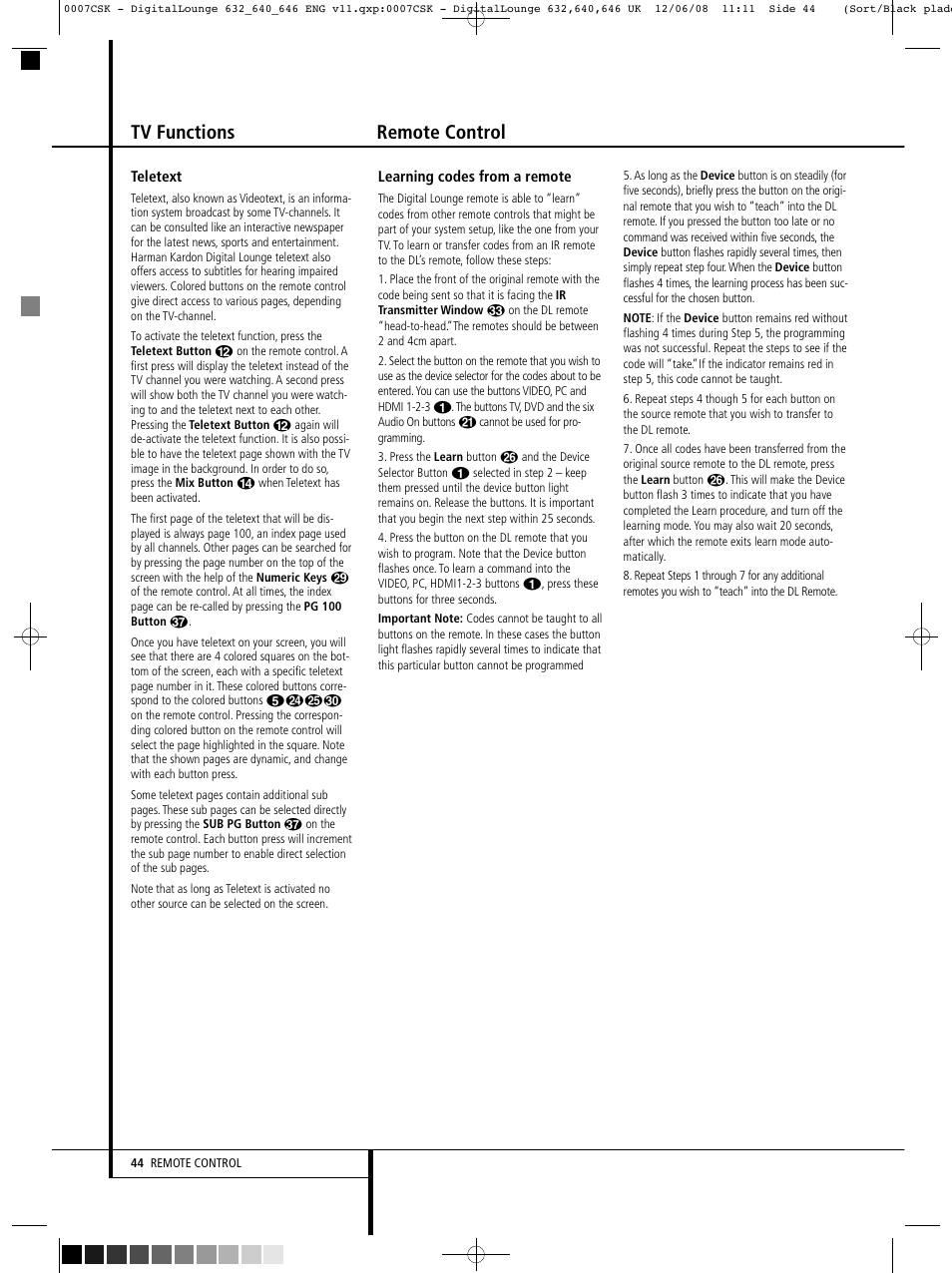 Tv functions remote control | Harman-Kardon DIGITAL LOUNGE 640 User Manual | Page 44 / 54