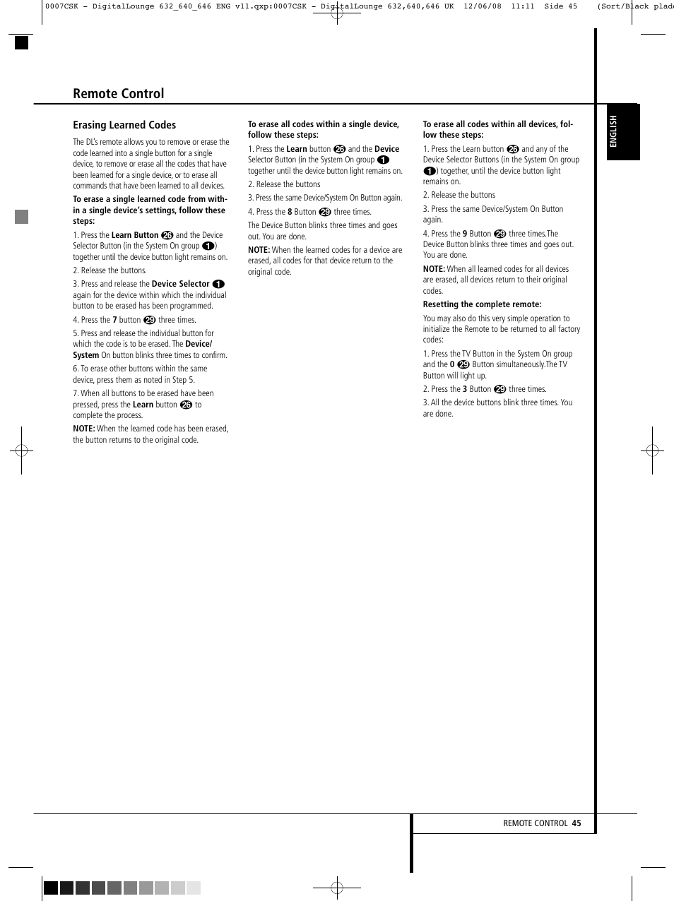 Remote control | Harman-Kardon DIGITAL LOUNGE 640 User Manual | Page 45 / 54