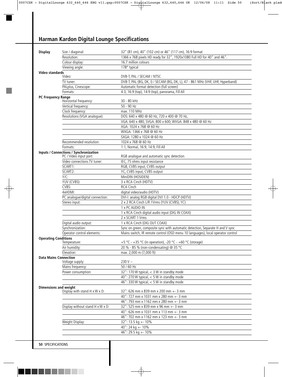 Harman kardon digital lounge specifications | Harman-Kardon DIGITAL LOUNGE 640 User Manual | Page 50 / 54