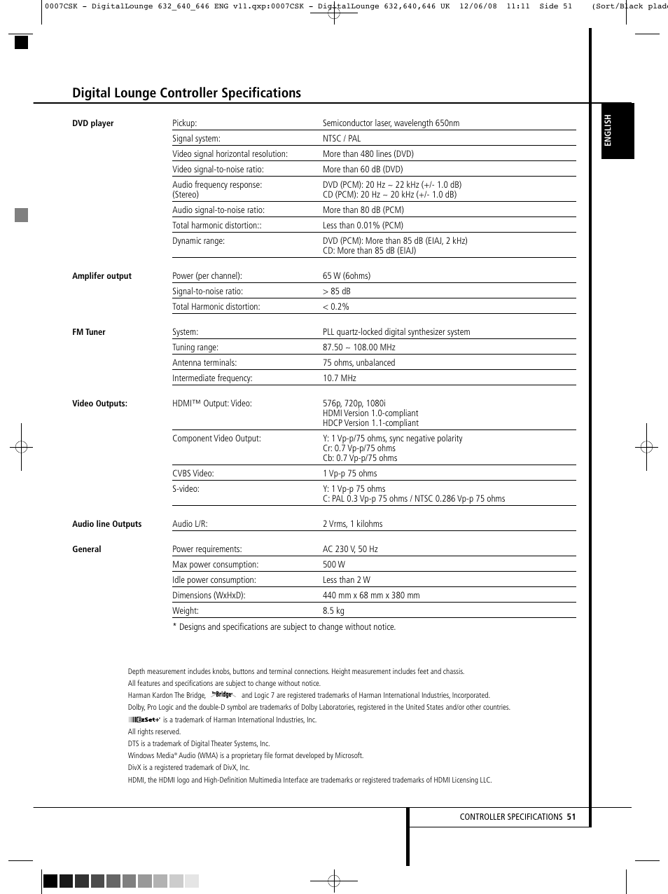 Digital lounge controller specifications | Harman-Kardon DIGITAL LOUNGE 640 User Manual | Page 51 / 54