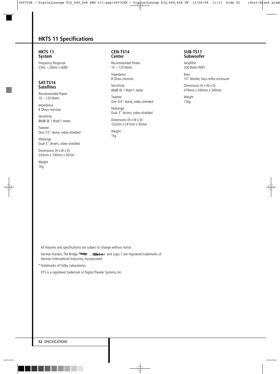 Hkts 11 specifications | Harman-Kardon DIGITAL LOUNGE 640 User Manual | Page 52 / 54