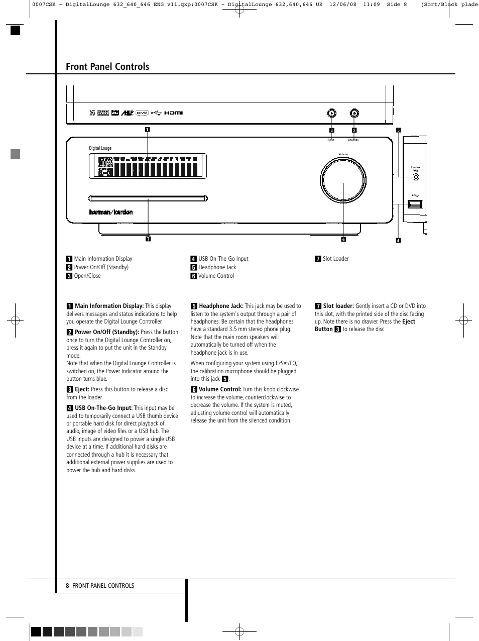 Front panel controls | Harman-Kardon DIGITAL LOUNGE 640 User Manual | Page 8 / 54