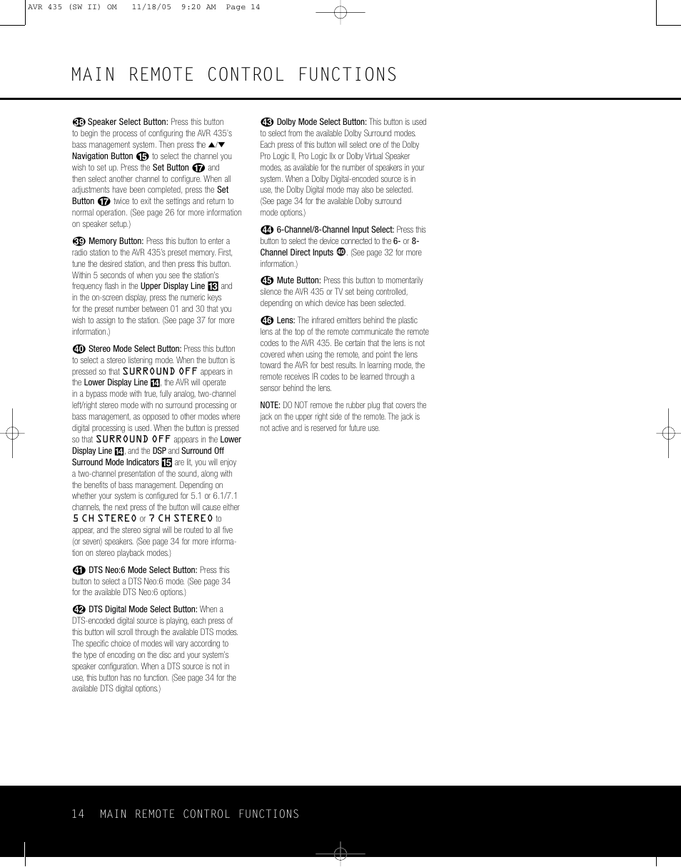 Main remote control functions, 14 main remote control functions | Harman-Kardon AVR 435 User Manual | Page 14 / 60