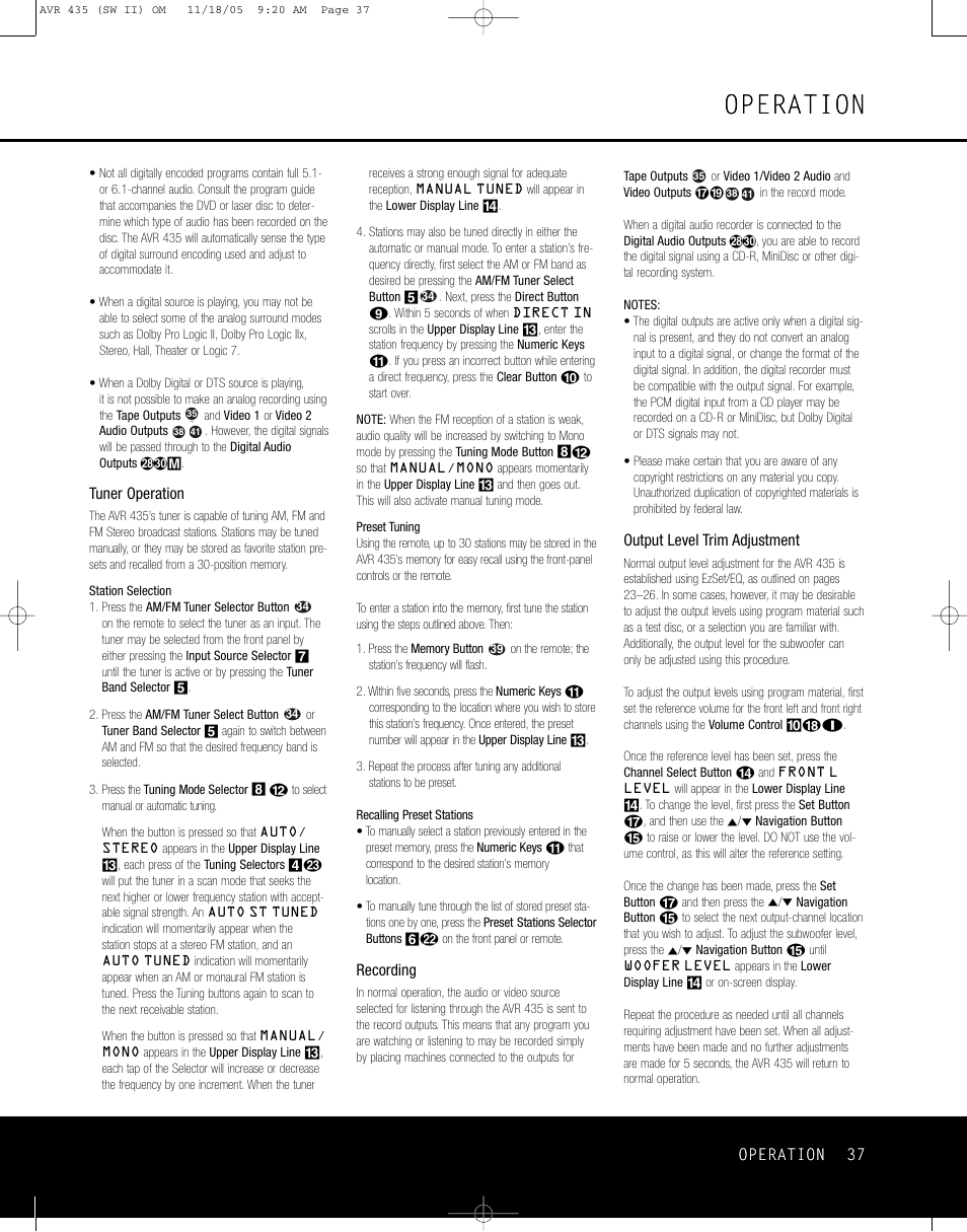 Operation, Operation 37, Tuner operation | Recording, Output level trim adjustment | Harman-Kardon AVR 435 User Manual | Page 37 / 60