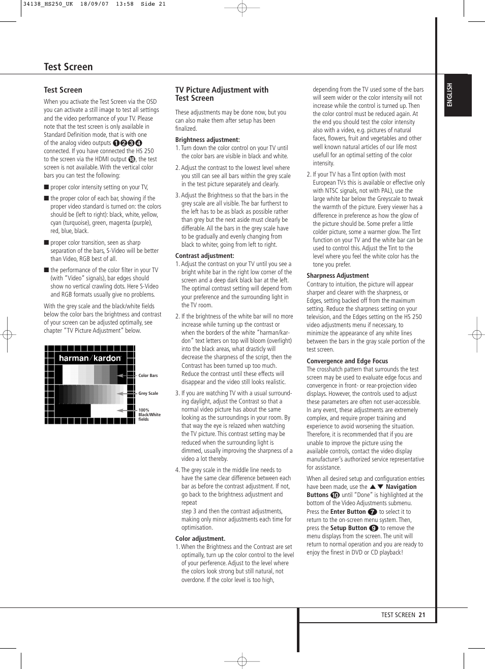 Test screen | Harman-Kardon HS 250 User Manual | Page 21 / 32