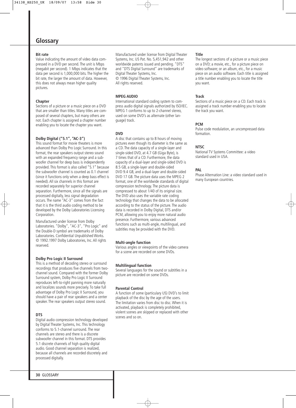 Glossary | Harman-Kardon HS 250 User Manual | Page 30 / 32
