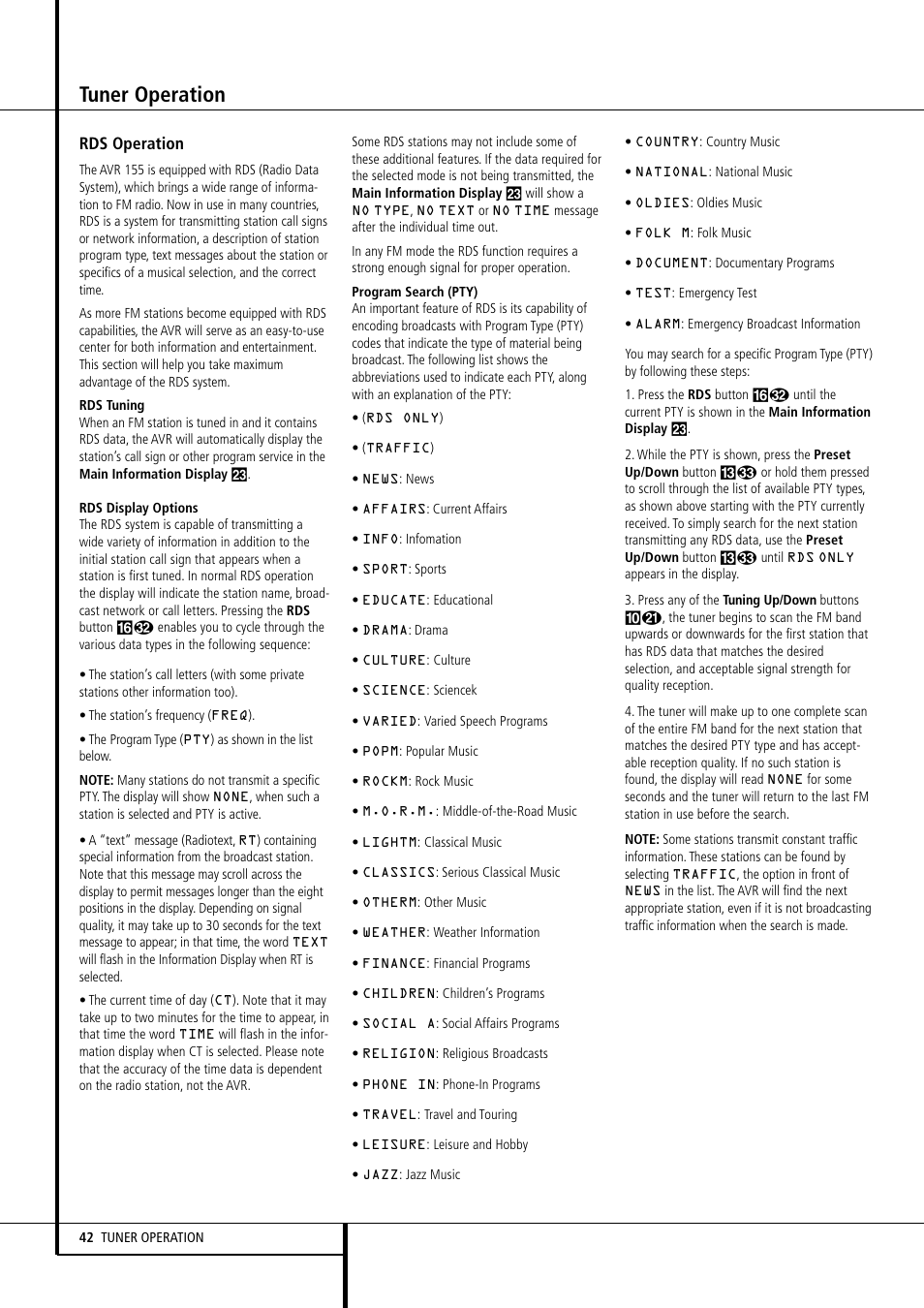 Tuner operation, Rds operation | Harman-Kardon AVR 155 User Manual | Page 42 / 52