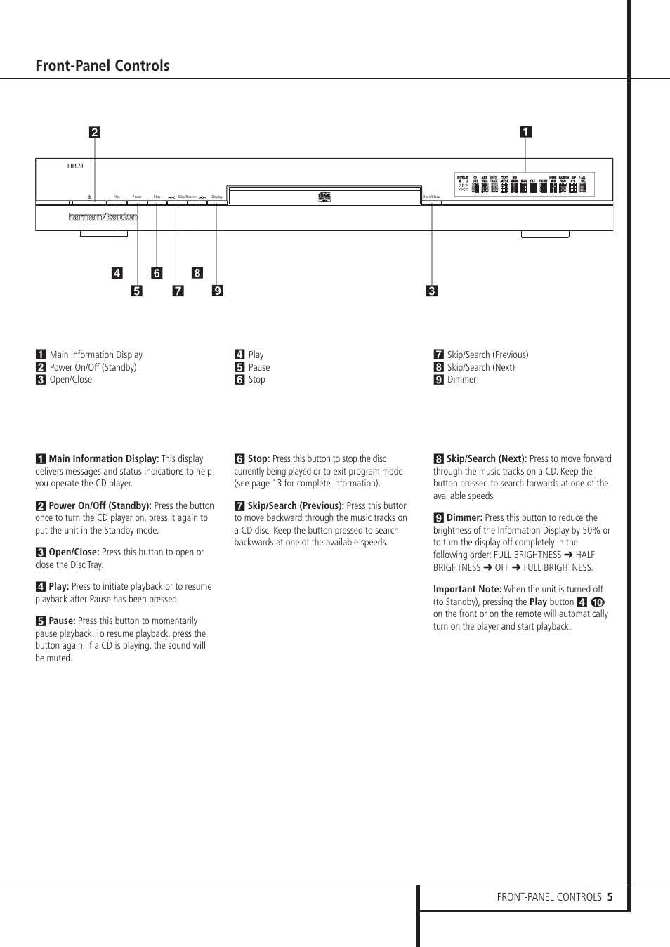 Front-panel controls, Front-panel controls 5 | Harman-Kardon HD 970 User Manual | Page 5 / 16