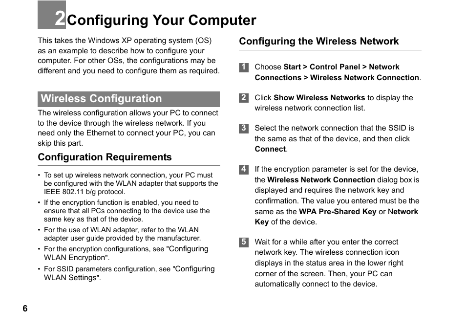 Configuring your computer, Wireless configuration, Configuring your computer 6 | Configuration requirements, Configuring the wireless network | Huawei Vodafone B970 User Manual | Page 10 / 29