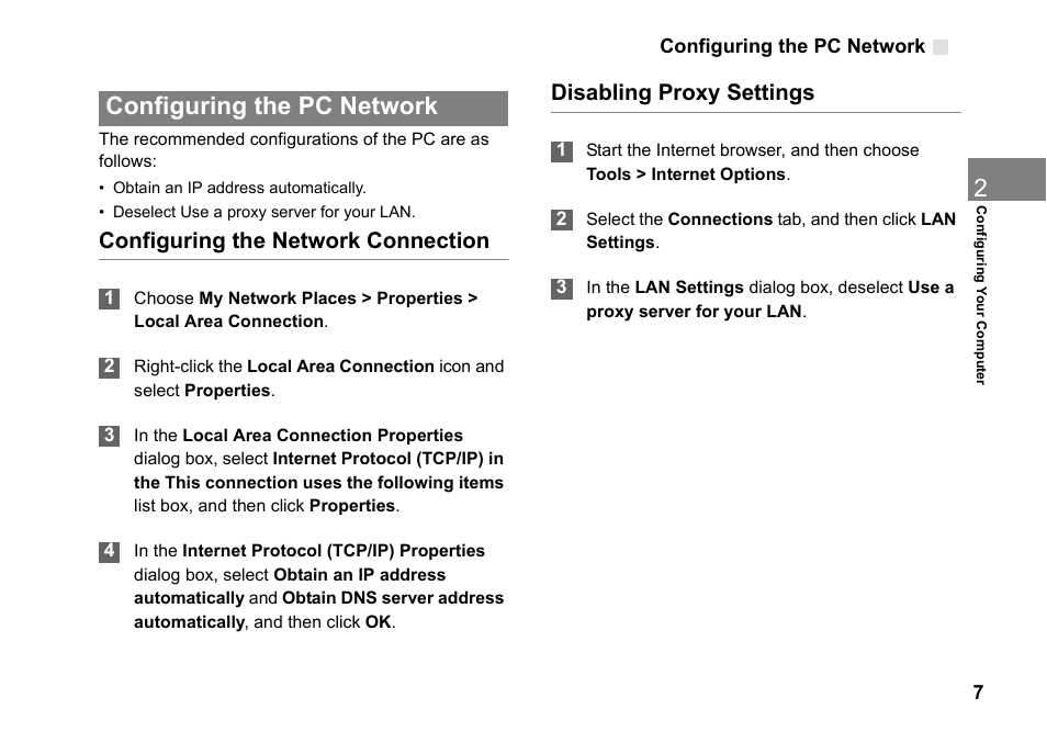 Configuring the pc network, Configuring the network connection, Disabling proxy settings | Configuring the pc network 7 | Huawei Vodafone B970 User Manual | Page 11 / 29