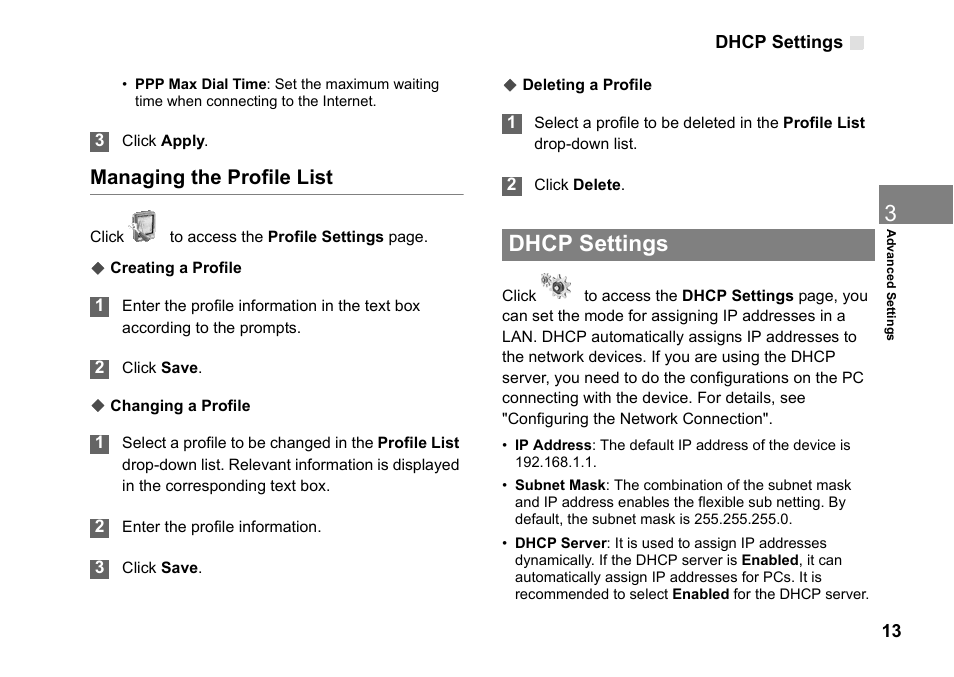 Dhcp settings, Managing the profile list, Dhcp settings 13 | Huawei Vodafone B970 User Manual | Page 17 / 29