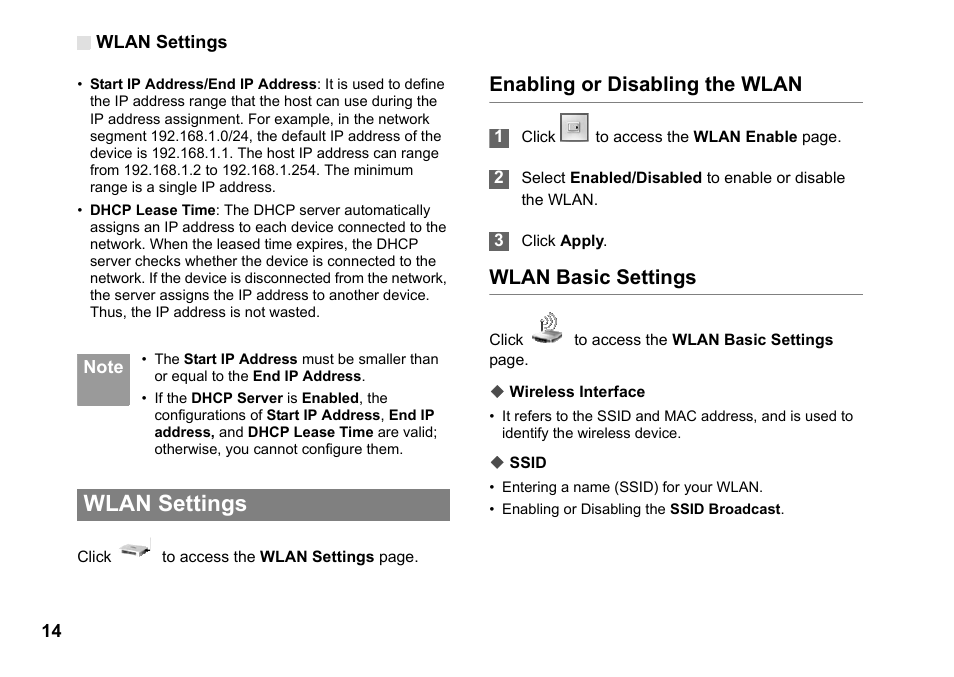 Wlan settings, Enabling or disabling the wlan, Wlan basic settings | Wlan settings 14 | Huawei Vodafone B970 User Manual | Page 18 / 29