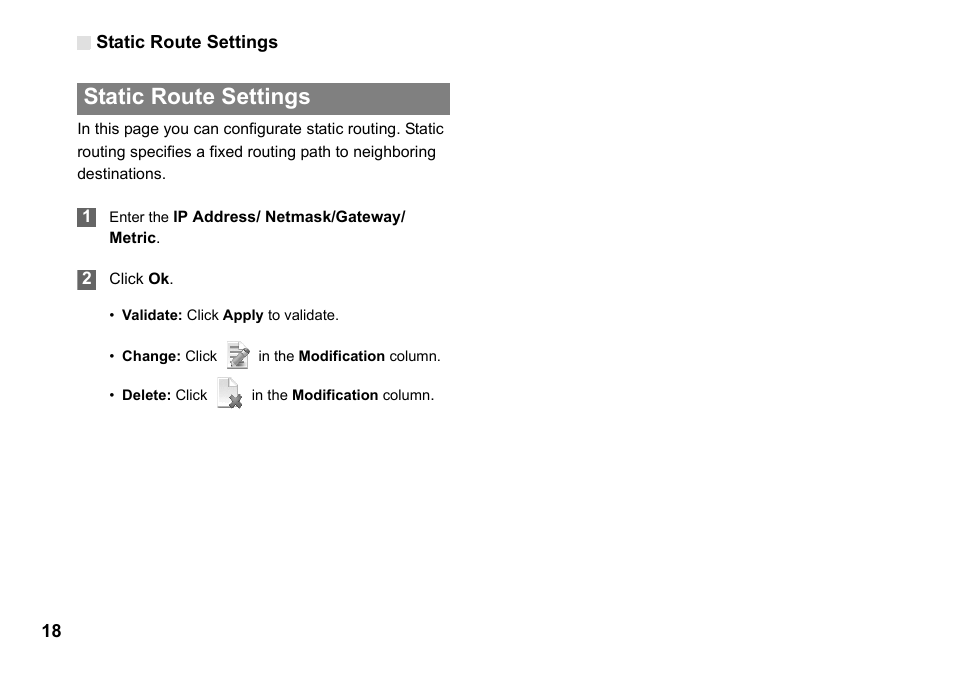 Static route settings, Static route settings 18 | Huawei Vodafone B970 User Manual | Page 22 / 29