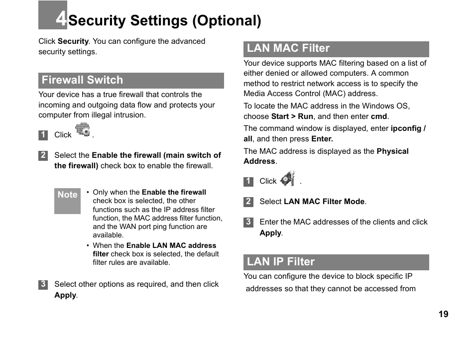 Security settings (optional), Firewall switch, Lan mac filter | Lan ip filter, Security settings (optional) 19, Firewall switch lan mac filter lan ip filter | Huawei Vodafone B970 User Manual | Page 23 / 29