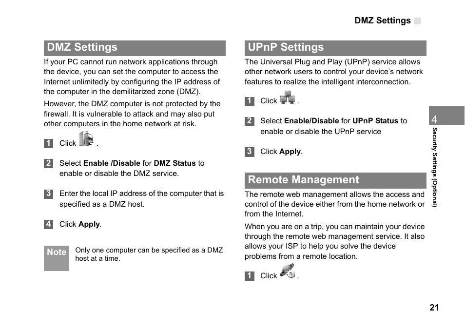 Dmz settings, Upnp settings, Remote management | Upnp settings remote management, Dmz settings 21 | Huawei Vodafone B970 User Manual | Page 25 / 29
