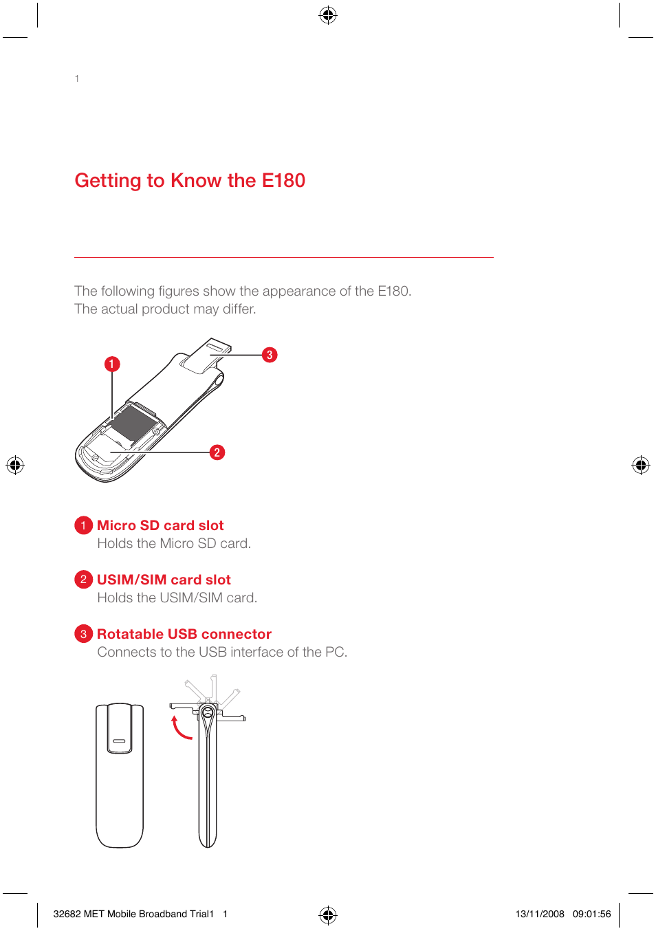 Getting to know the e180 | Huawei E180 User Manual | Page 8 / 20