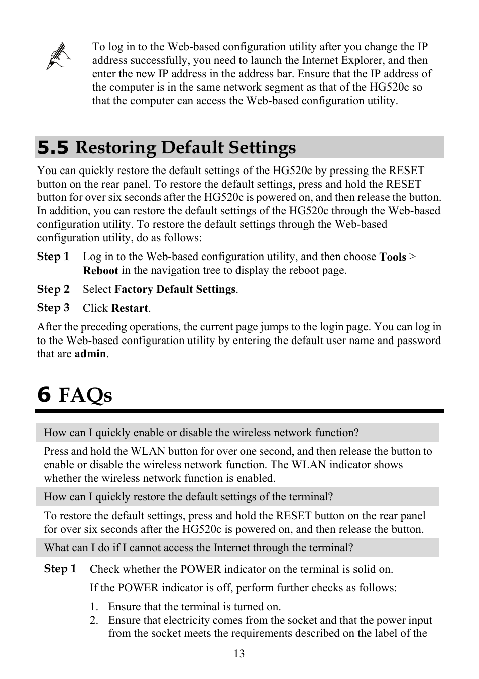 5 restoring default settings, 6 faqs | Huawei ECHOLIFE HG520C User Manual | Page 18 / 25