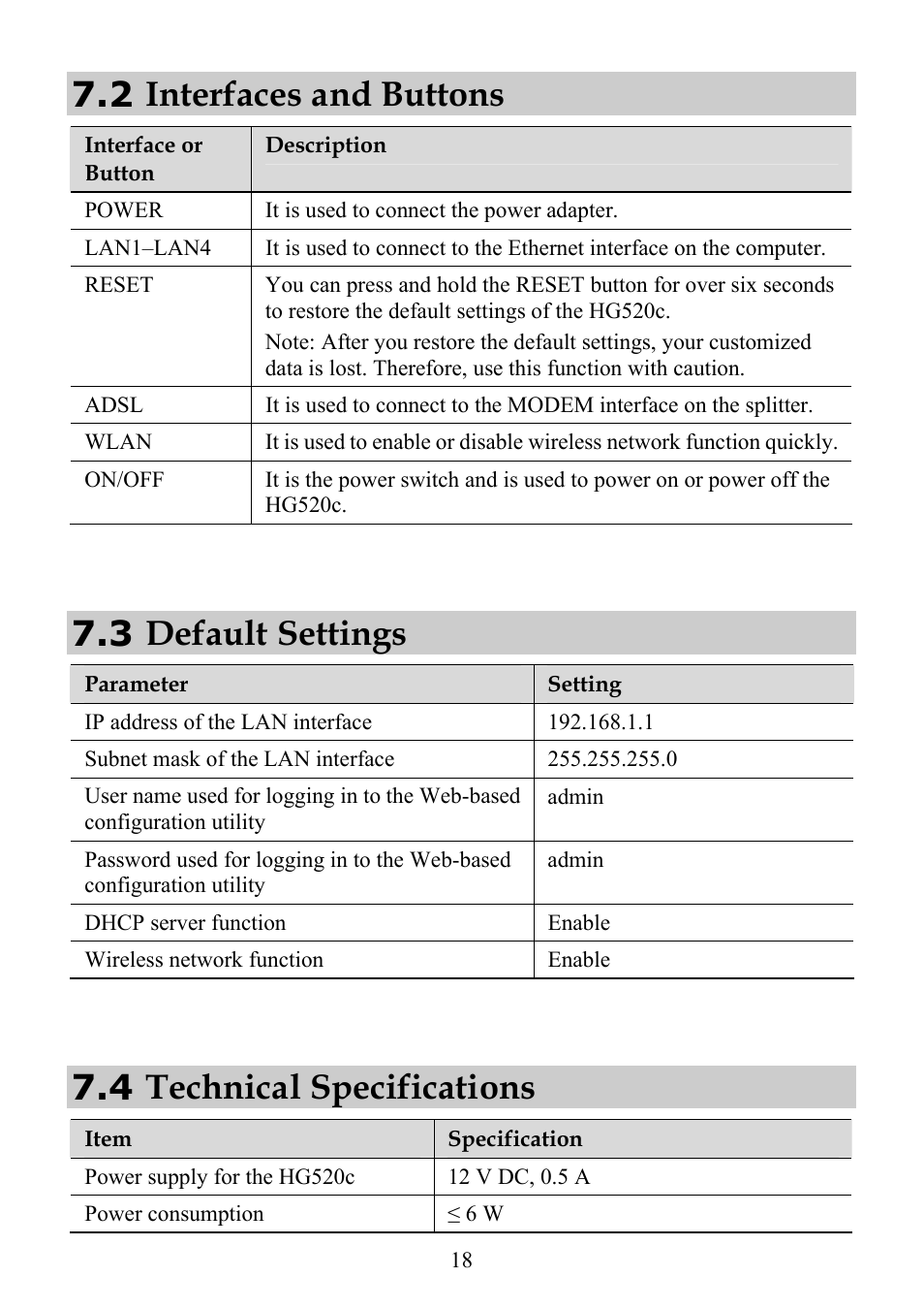 2 interfaces and buttons, 3 default settings, 4 technical specifications | Huawei ECHOLIFE HG520C User Manual | Page 23 / 25