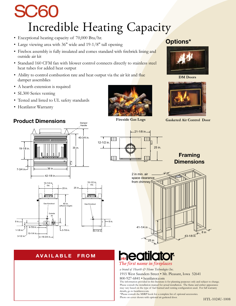 Sc60, Incredible heating capacity, Options | Product dimensions framing dimensions | Heatiator SC60 User Manual | Page 2 / 2