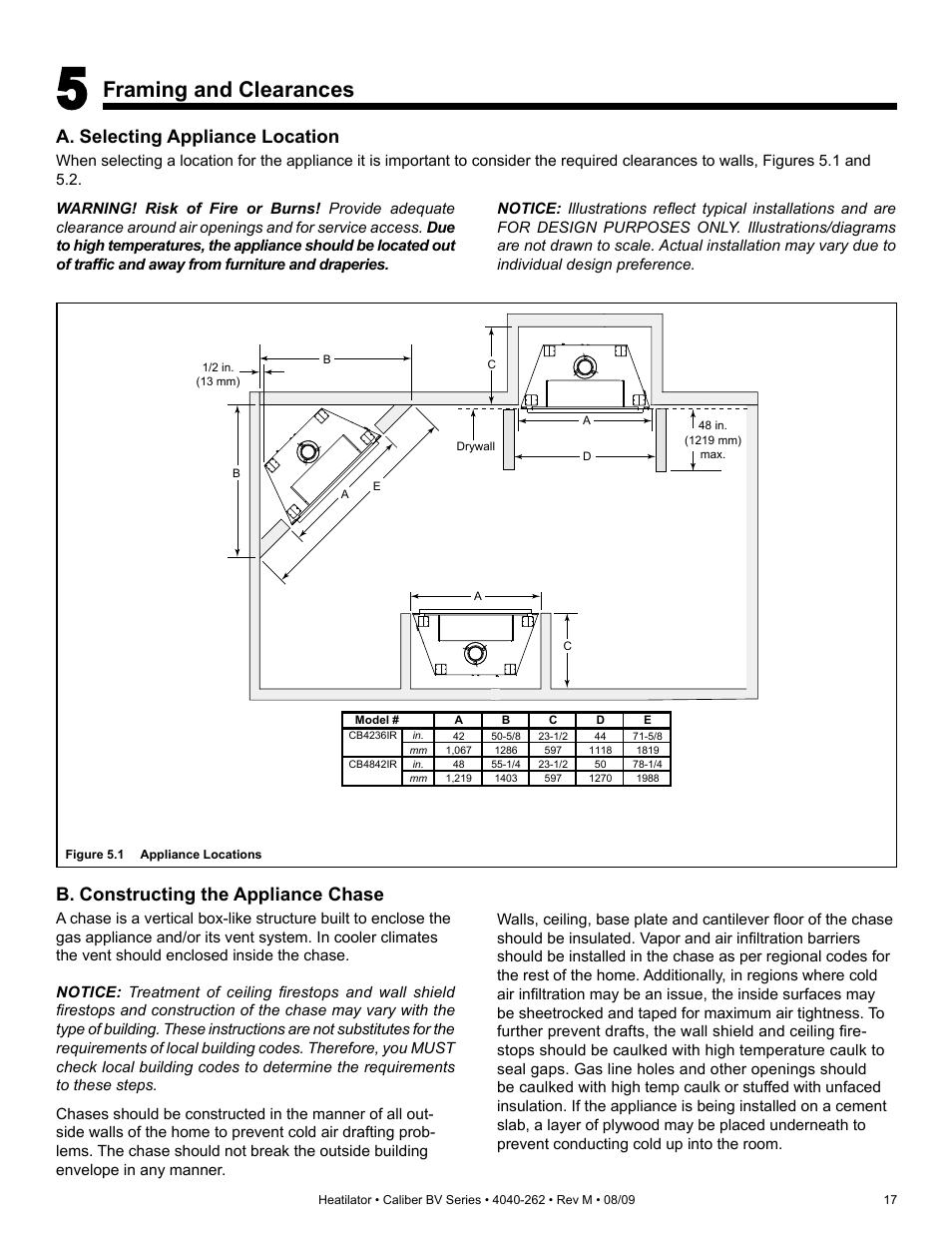 Framing and clearances, A. selecting appliance location, B. constructing the appliance chase | Heatiator CB4842IR User Manual | Page 17 / 40