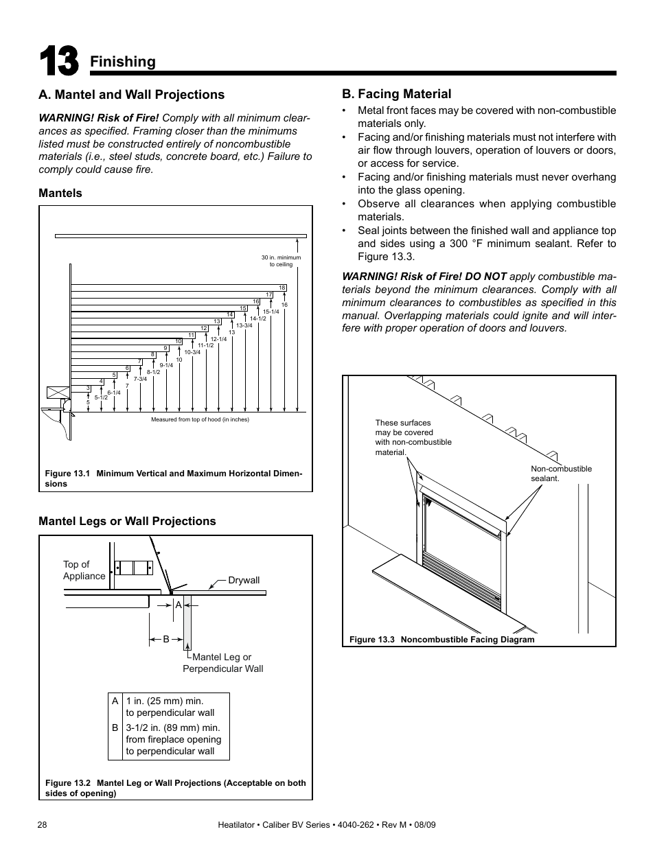 Finishing, A. mantel and wall projections, B. facing material | Mantels, Mantel legs or wall projections | Heatiator CB4842IR User Manual | Page 28 / 40