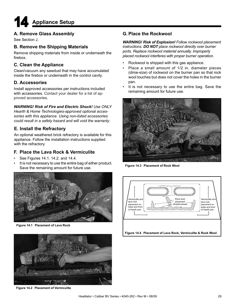 Appliance setup, A. remove glass assembly, B. remove the shipping materials | C. clean the appliance, D. accessories, G. place the rockwool, E. install the refractory, F. place the lava rock & vermiculite | Heatiator CB4842IR User Manual | Page 29 / 40