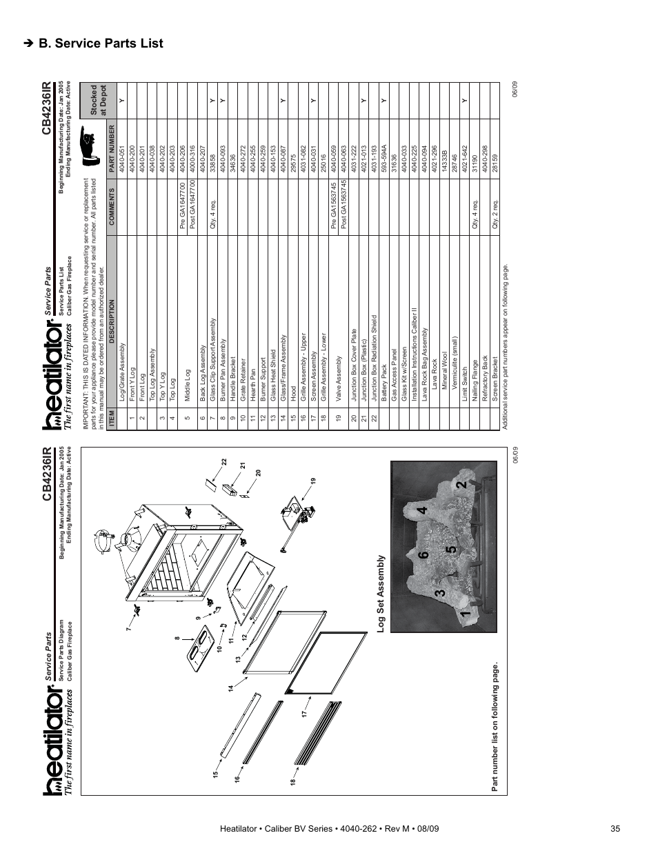 B. service parts list, Cb4236ir, Log set assembly | Heatiator CB4842IR User Manual | Page 35 / 40