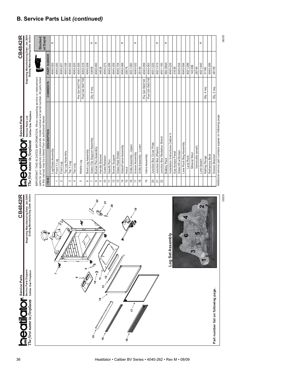 B. service parts list (continued), Cb4842ir, Log set assembly | Heatiator CB4842IR User Manual | Page 36 / 40